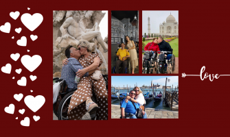 Varias fotos de personas usuarias de silla de ruedas besándose en diferentes lugares del mundo por San Valentín